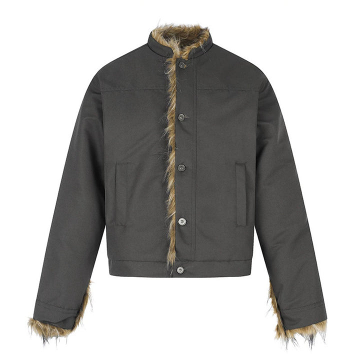 Women's Short Jacket with Faux Fur Lining, Stand-Up Collar and Concealed Button Placket Amarae