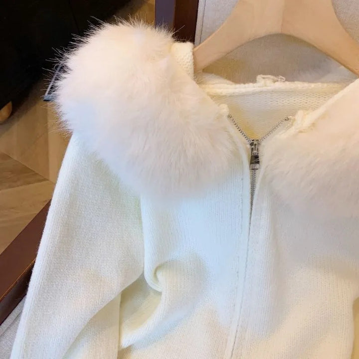 Womens knit jacket with removable faux fur hood and fitted cut Lune London