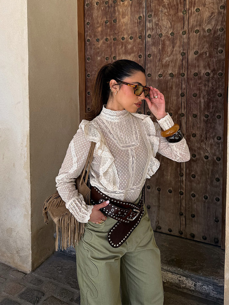 Women's Transparent Dobby Lace Blouse with High Stand-Up Collar, Ruffles & Button Cuffs Amarae
