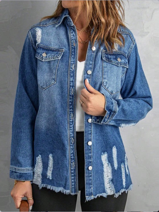 Women Casual Oversized Denim Jacket with Destroyed Details, Shirt Collar and Fringed Hem Amarae