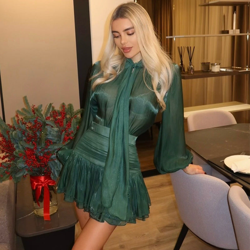 Ladies Elegant Mini Dress with Generous Ruffle Detail and Chic Transparent Sleeves