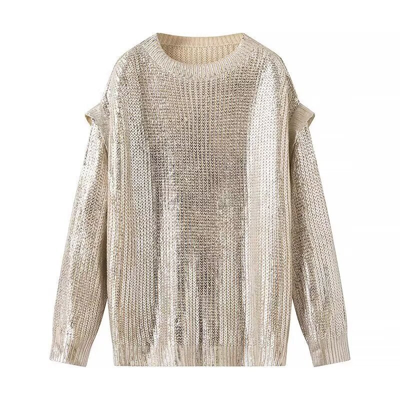 Ladies Glittering Chunky Knit Sweater with Cut-Out Shoulders Amarae