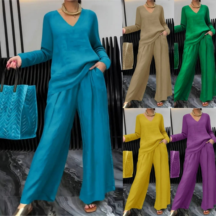 Women's Fine V-Neck Knit Sweater with Flowing Palazzo Pants Amarae