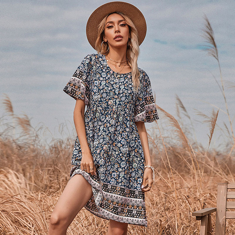 Chic Short Sleeve A-Line Floral Print Shift Dress for Women