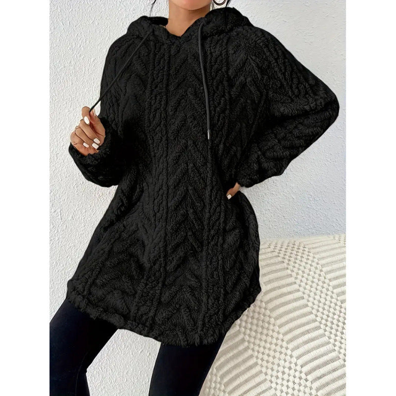 Women Cozy Teddy Hoodie with Cable Knit Pattern Drawstring and Rounded Hem Amarae