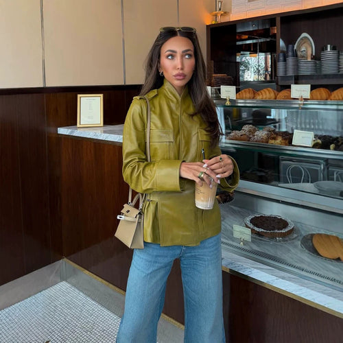 Women's Faux Leather Utility Jacket with Stand-up Collar, Chest Pockets & Concealed Zipper Amarae
