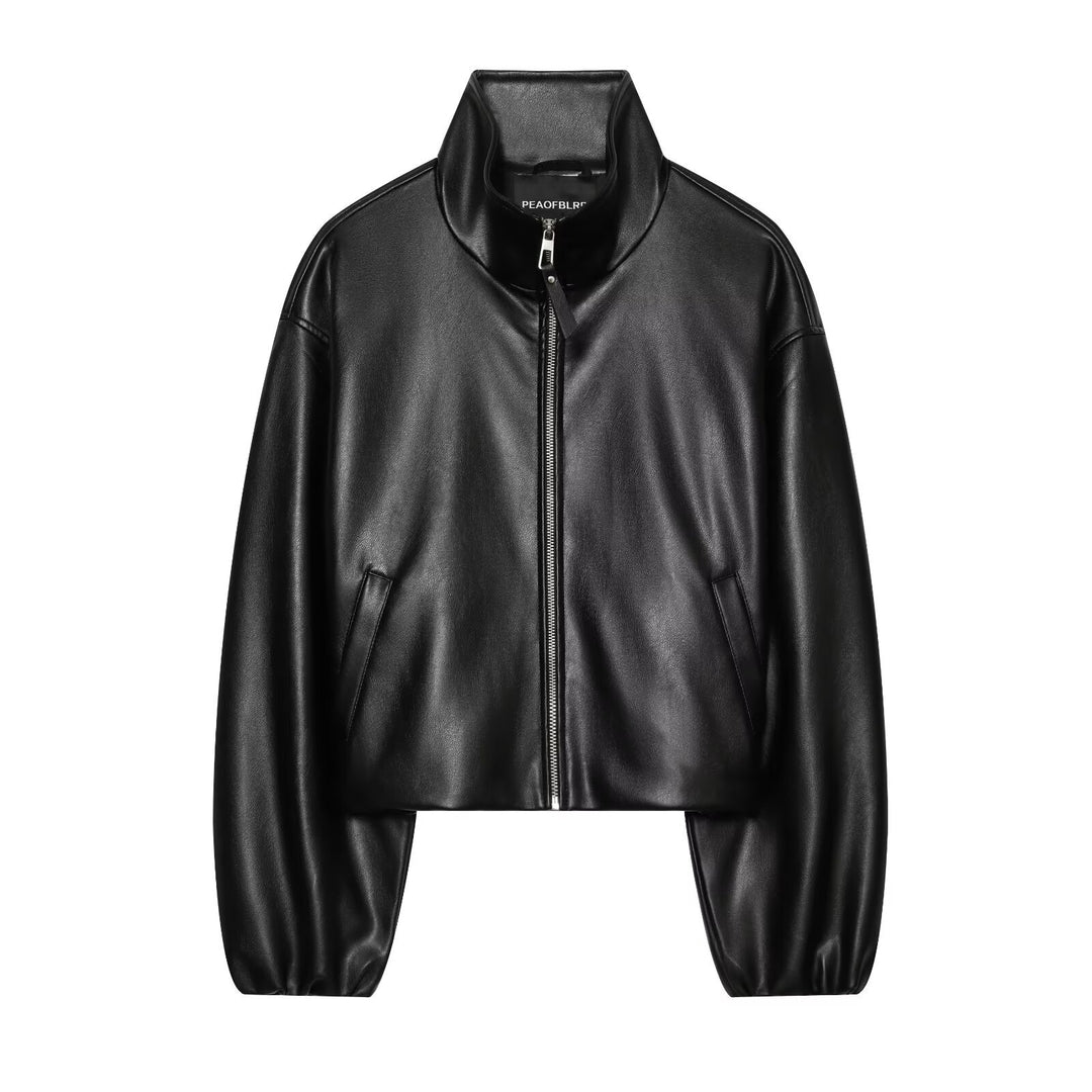 Ladies Cropped Faux Leather Jacket with Stand Collar and Zip Closure Amarae