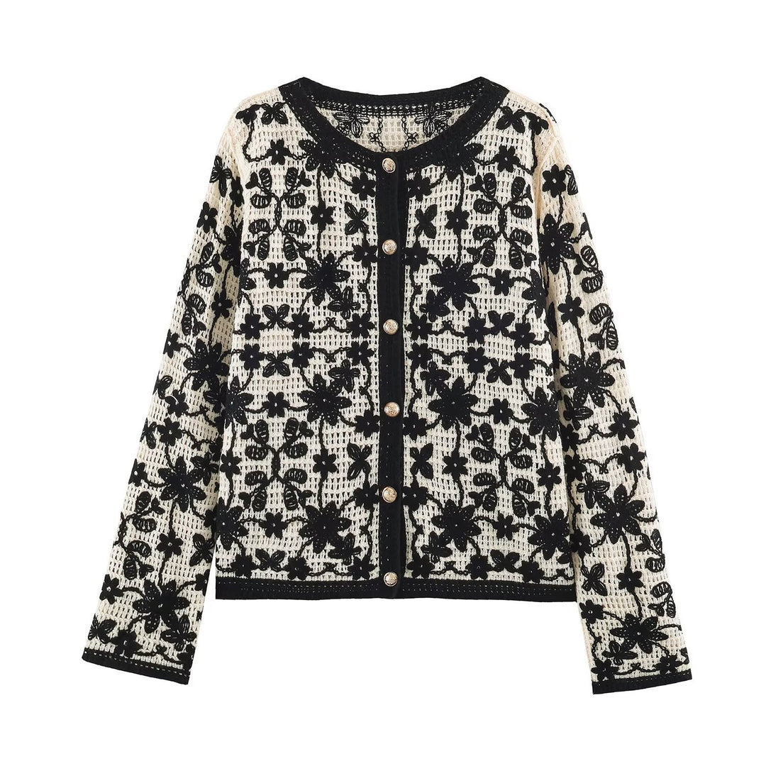 Women's Crocheted Boucle Cardigan with Three-Dimensional Flower Embroidery and Gold Accents Amarae