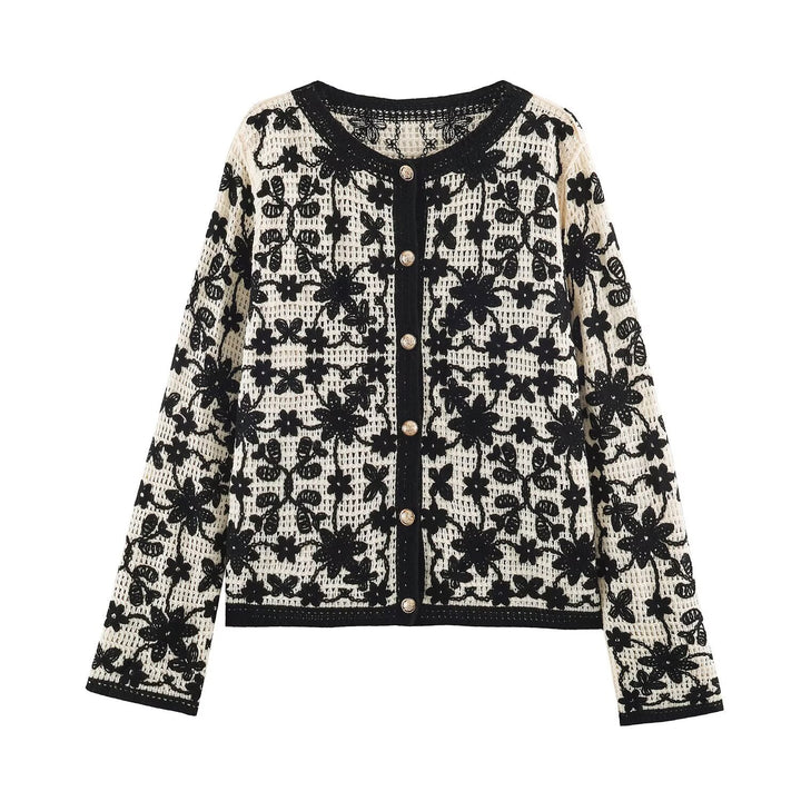 Women's Crocheted Boucle Cardigan with Three-Dimensional Flower Embroidery and Gold Accents Amarae