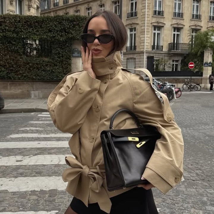 Women Short Trench with High Stand Collar, Double-Breasted Button Placket & Waist Belt Amarae