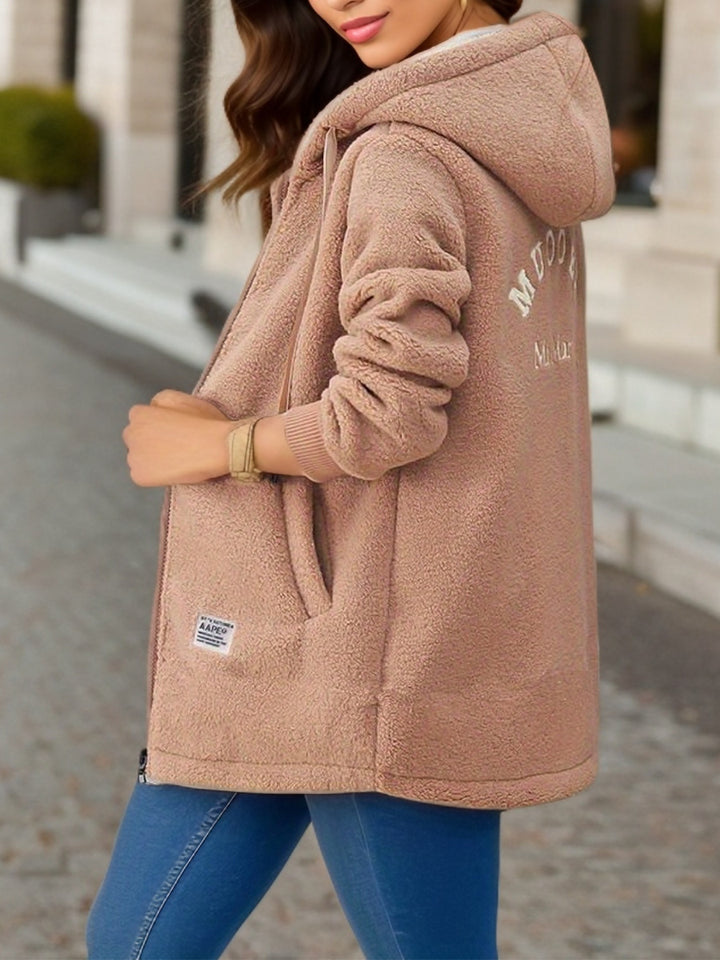 Lady Casual Teddy Jacket with Hood and Practical Pockets Lune London
