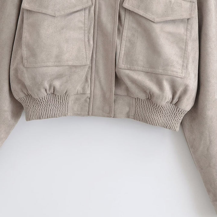 Ladies short blouson in field style made of suede-like material with stand-up collar, shoulder straps and wide ribbed waistband Amarae