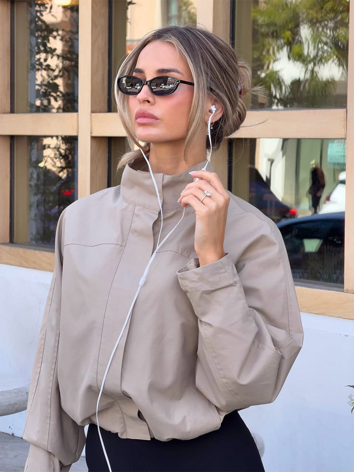 Women's Lightweight Cropped Utility Jacket with Stand-Up Collar, Concealed Button Placket and Elastic Hem Amarae