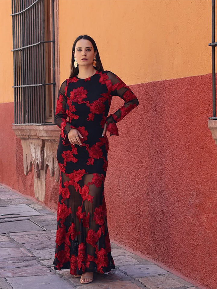 Women’s maxi dress with transparent mesh and floral embroidery Amarae