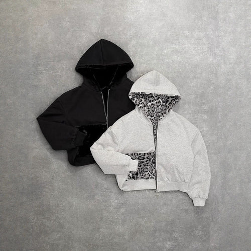 Veste à capuche en peluche pour femmes avec doublure léopard réversible Chic & Stil