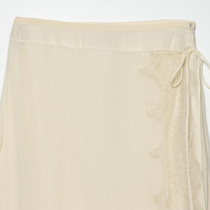 Women's semi-transparent wrap midi skirt made of chiffon with lace and tie band