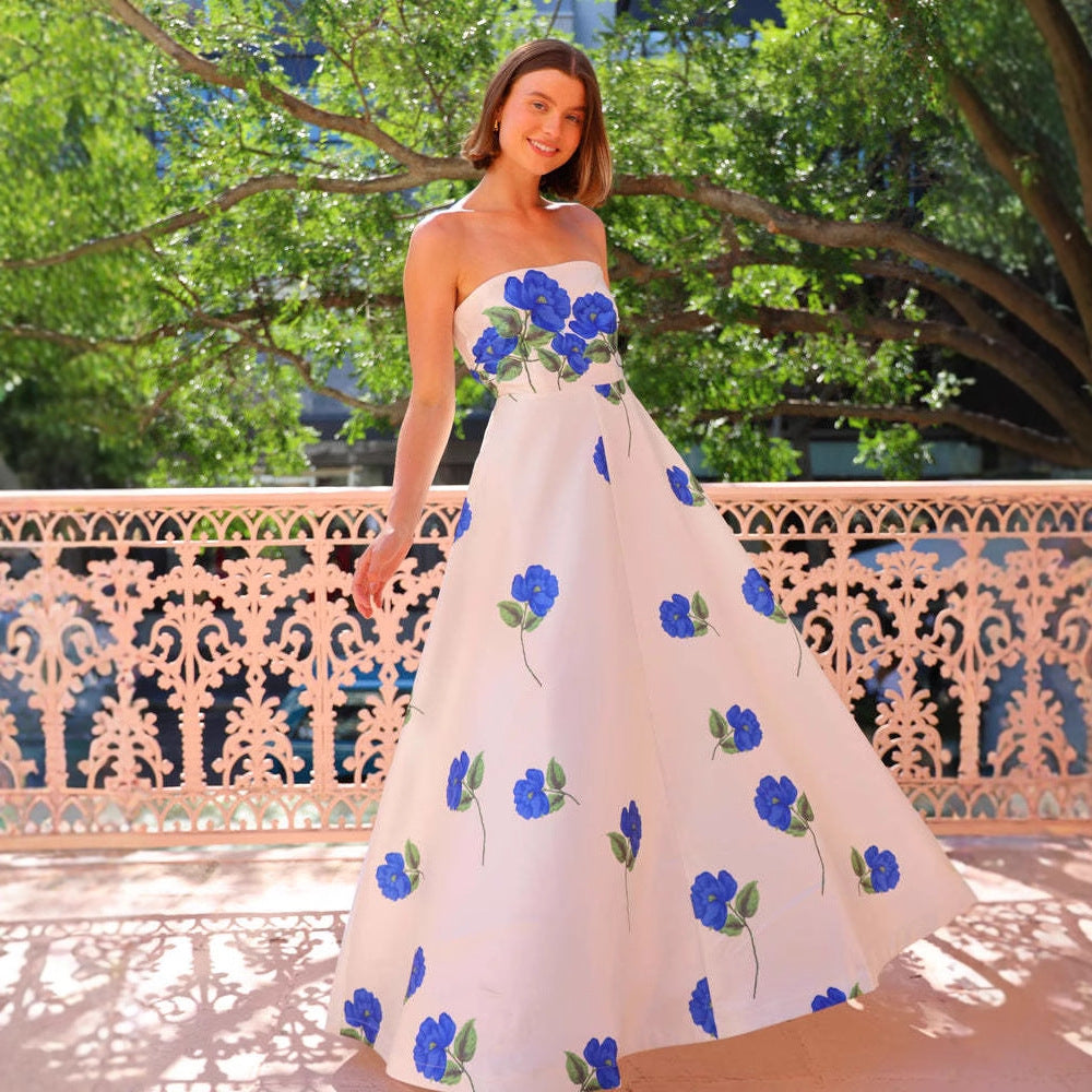 Ladies ball gown with floral top and flowing skirt Lune London