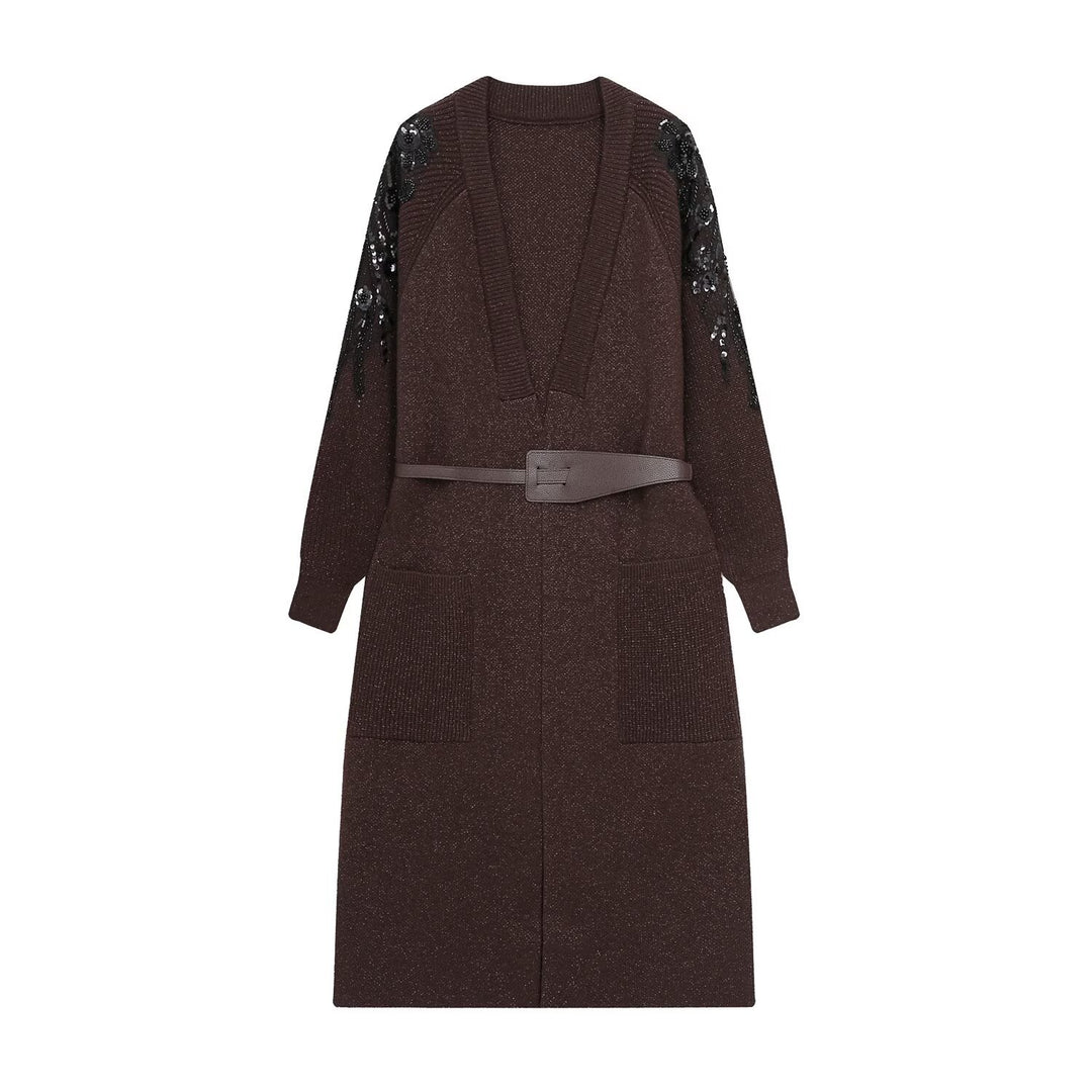 Women's knit midi dress with deep V-neck, waist belt, and sequin-adorned sleeves Amarae