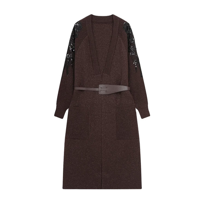 Women's knit midi dress with deep V-neck, waist belt, and sequin-adorned sleeves Amarae
