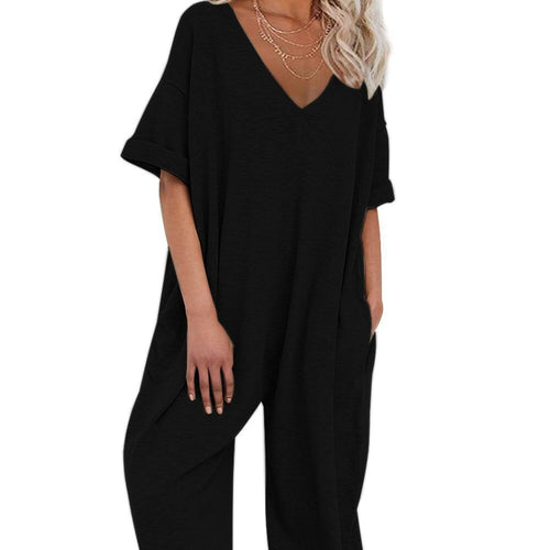 Oversized jumpsuit for women with deep V-neckline and casual pockets Amarae