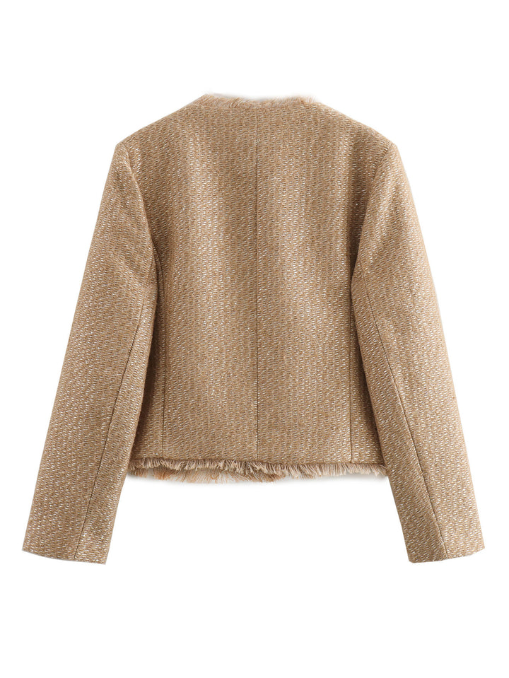 Elegant tweed jacket for women with fringes and decorative buttons Lune London