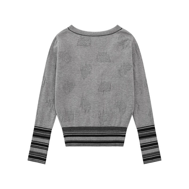 Ladies cardigan with V-neck, fine jacquard pattern and contrasting cuffs Amarae