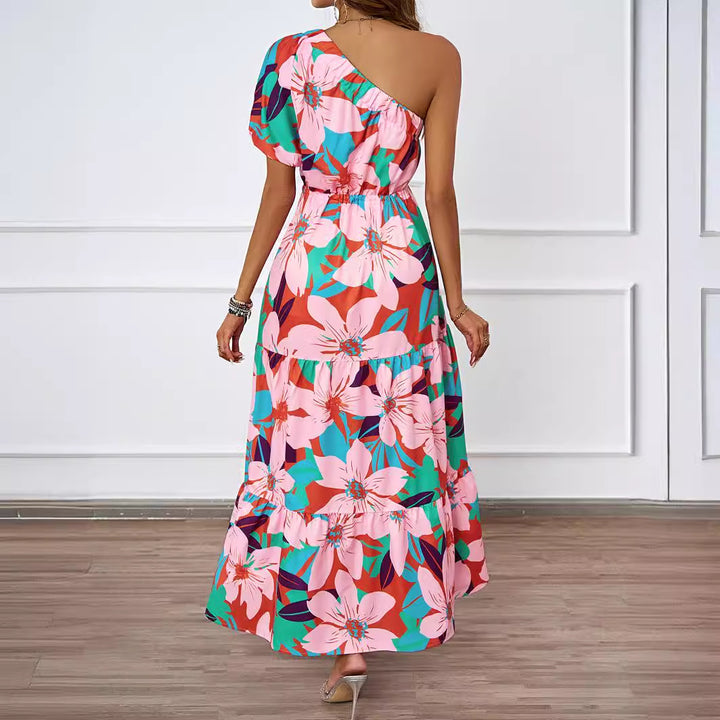 Women's maxi dress in asymmetrical design with floral pattern and wrap belt Lune London