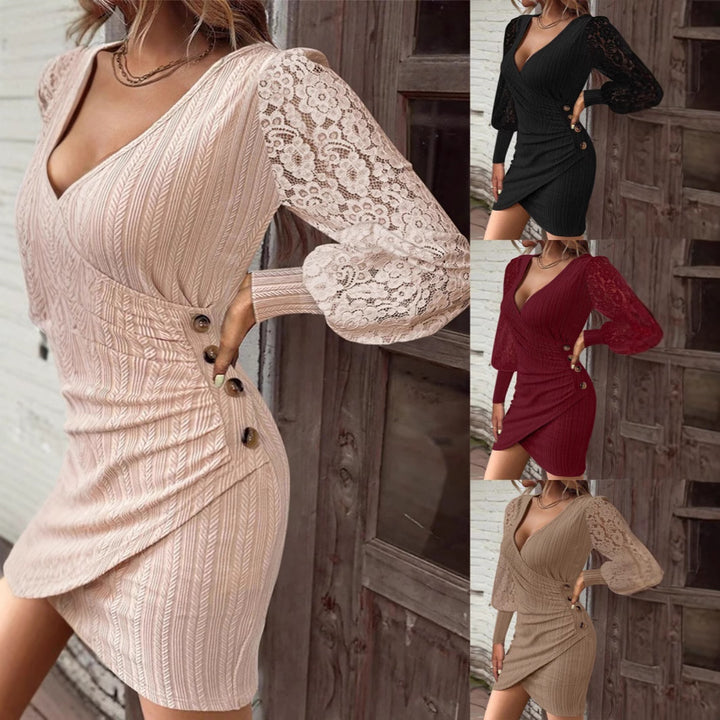 Mini wrap dress for women with lace sleeves and decorative buttons Lune London