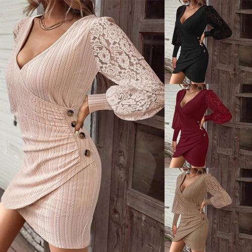 Mini wrap dress for women with lace sleeves and decorative buttons Amarae