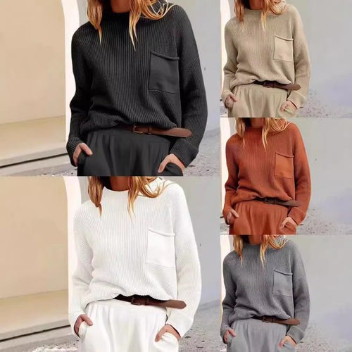 Knitted sweater for women with high collar and chest pocket Amarae