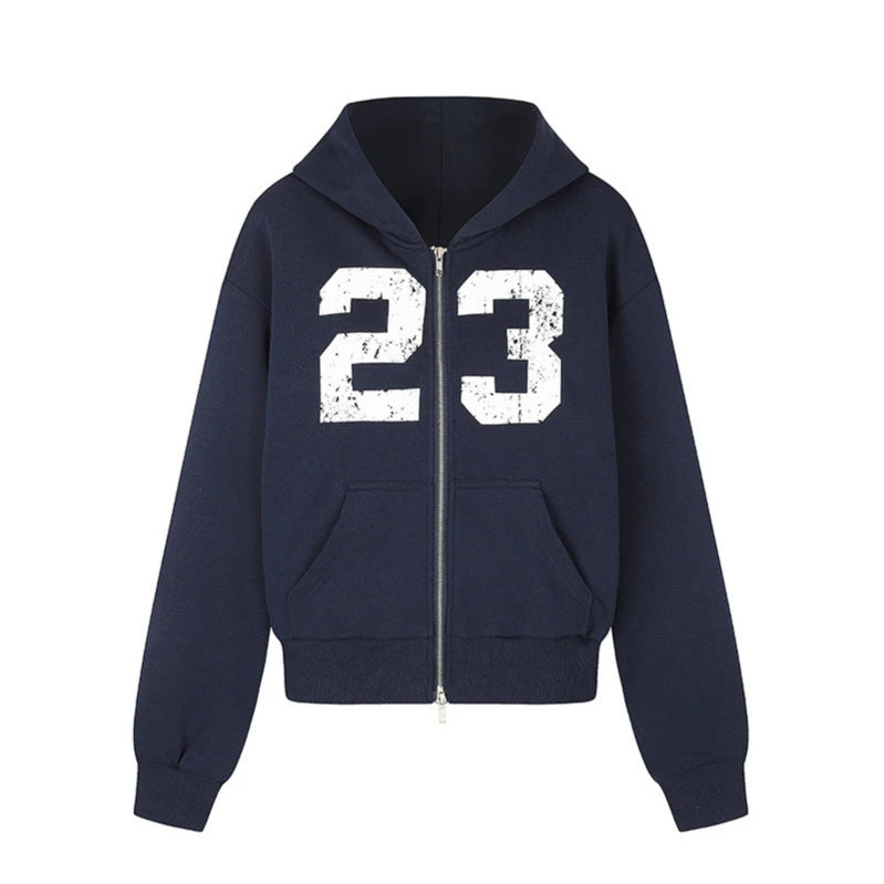 Women's Hooded Sweat Jacket in Retro Sports Style with Used Front Print and Kangaroo Pockets Amarae