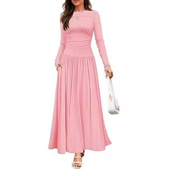 Lune London | Women Long-Sleeve Maxi Dress with Elegant Ruffle Details and Practical Pockets