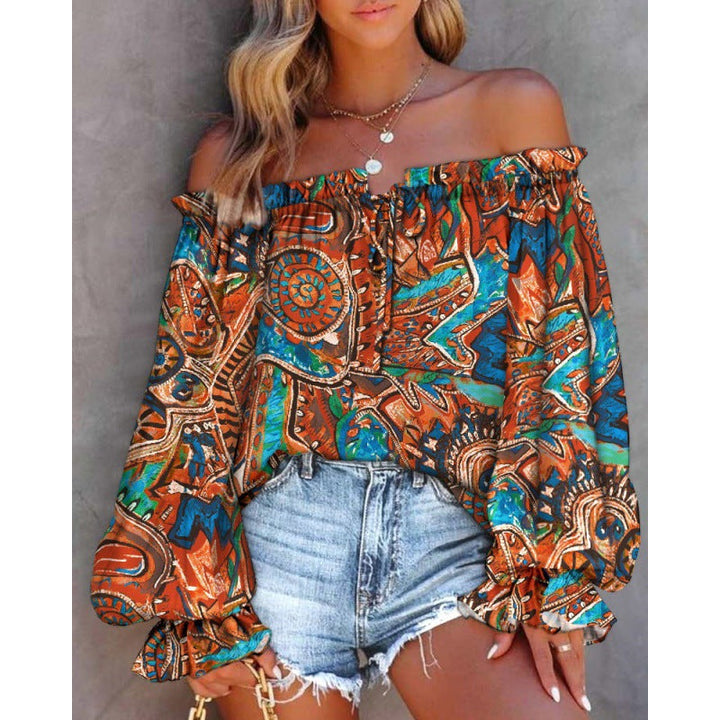 Ladies Off-Shoulder Blouse with Colorful Pattern and Elastic Hem Lune London