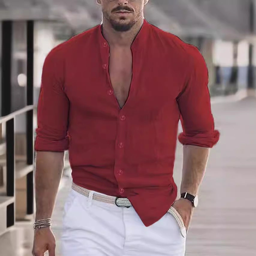 Casual linen shirt for men with modern stand-up collar and roll-up sleeves Lune London