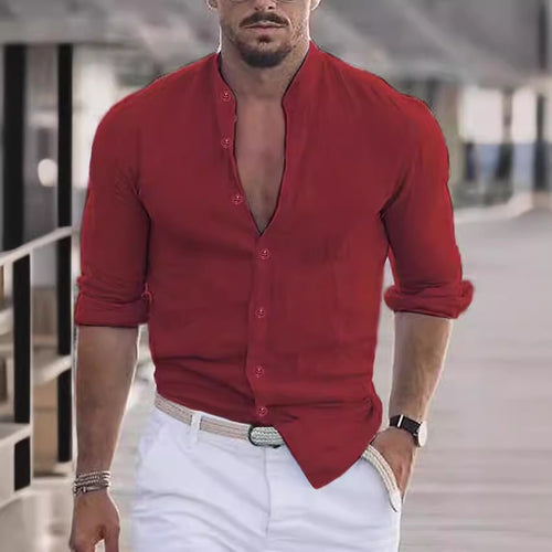 Casual linen shirt for men with modern stand-up collar and roll-up sleeves Amarae