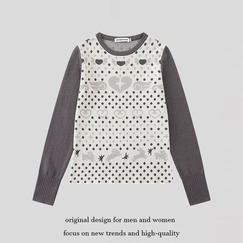 Ladies fine knit pullover with jacquard motif, round neckline and contrast sleeves Amarae
