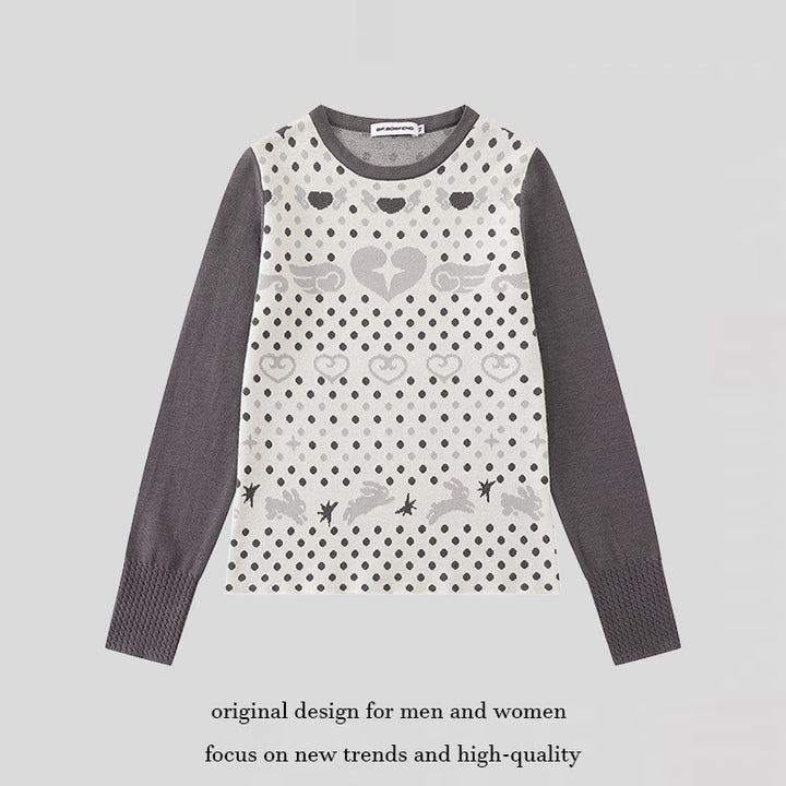 Ladies fine knit pullover with jacquard motif, round neckline and contrast sleeves Amarae