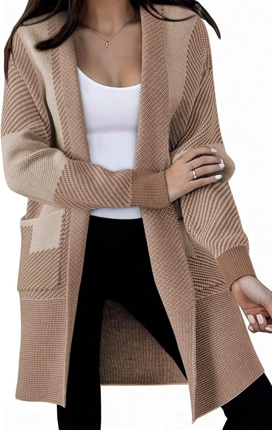 Ladies long knit cardigan with textured pattern and patch pockets Lune London
