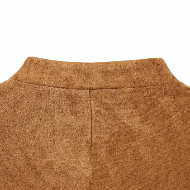 Women Short Jacket in Suede Look in Military Style with Stand-Up Collar and Asymmetrical Hem Amarae