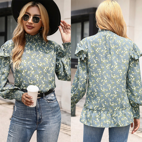 Elegant blouse for women with ruffle detail and high collar Amarae