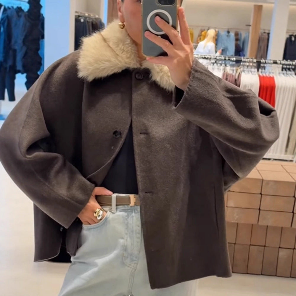 Women's Boxy-Cropped Wool Blend Jacket with Soft Faux Fur Shawl Collar Amarae