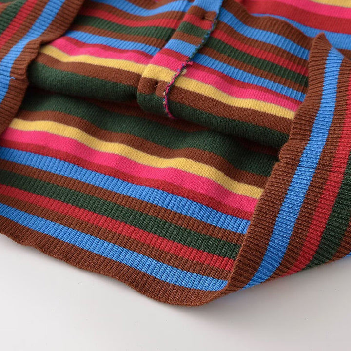 Women's finely knitted round neck cardigan with colorful stripes and mother-of-pearl buttons Amarae