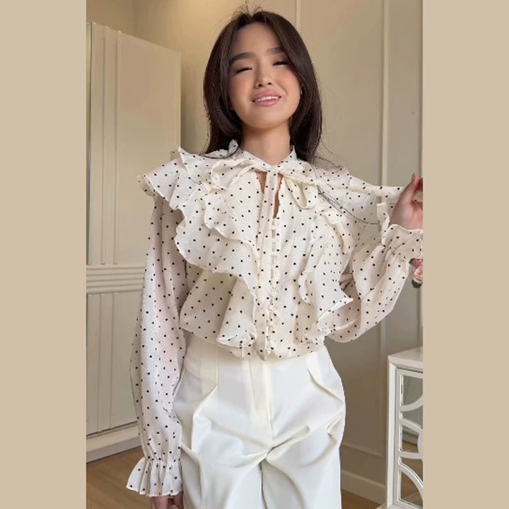 Women Ruffle Blouse with Bow Collar and Polka Dot Pattern Amarae