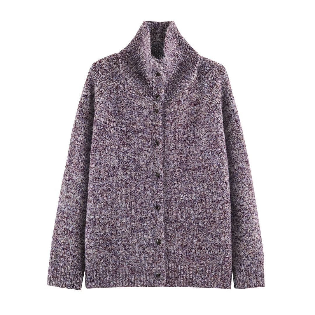 Women's Chunky Knit Cardigan with High Roll Neck and Continuous Button Placket Amarae