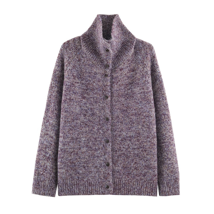 Women's Chunky Knit Cardigan with High Roll Neck and Continuous Button Placket Amarae