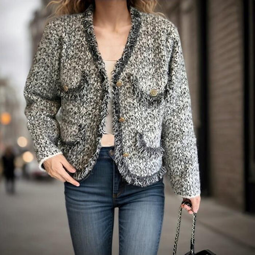 Women's knit jacket with fringe details and knee-height pockets Amarae