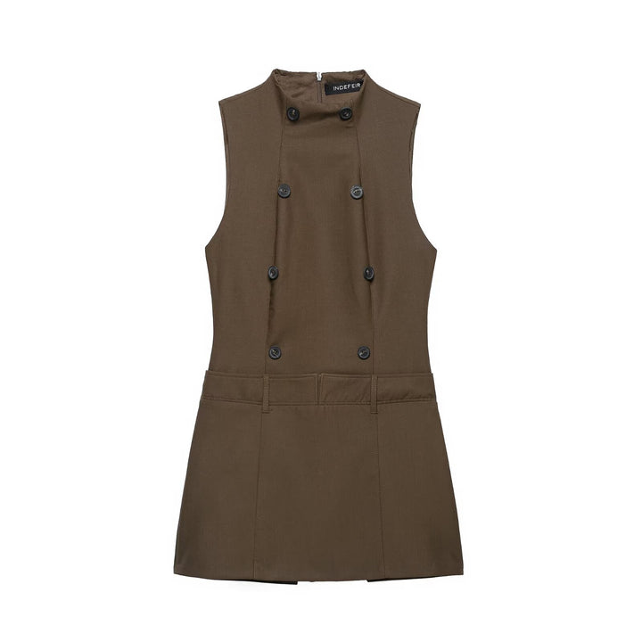 Women’s Sleeveless Pinafore Dress with Double-Breasted Button Placket and Tailored Fit Amarae