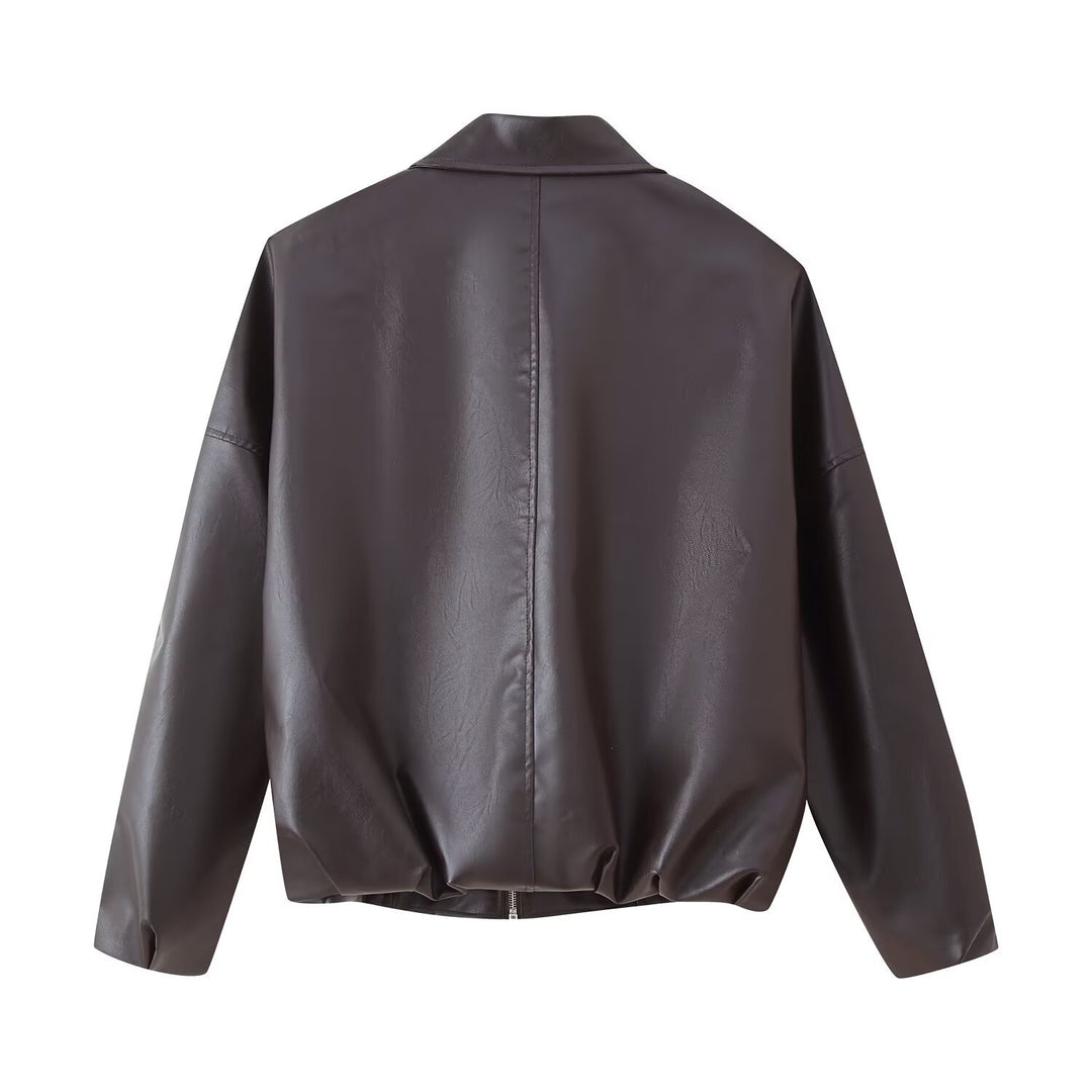 Fashionable synthetic leather jacket for ladies with a belt at the waist Lune London