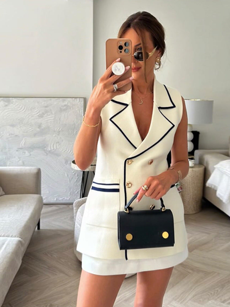 Women's Double-breasted Blazer Mini Dress with Contrast Piping Amarae
