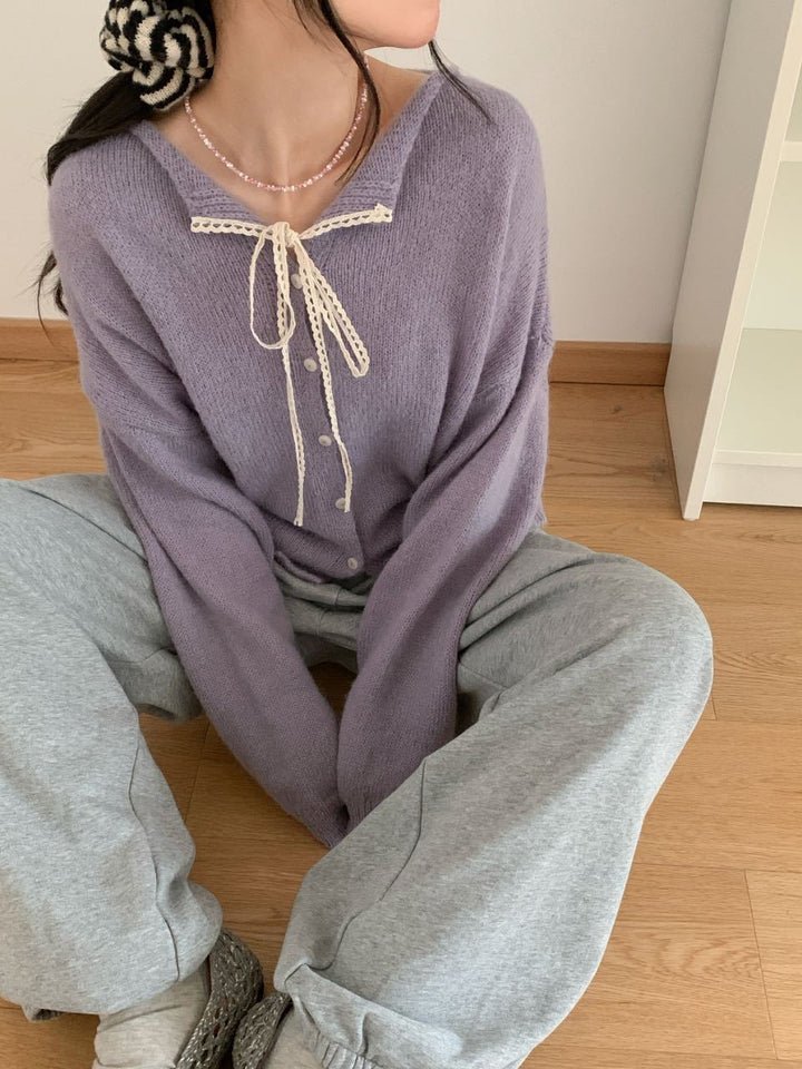 Casual knitted cardigan for women with drawstring and fine texture Lune London
